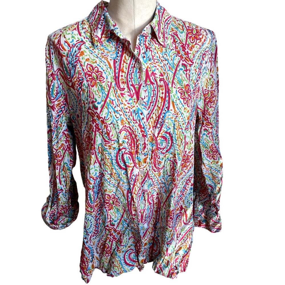 Appleseed multi color cotton button down long sleeve blouse womens Large lilly